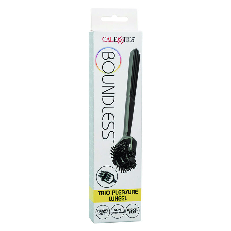 Packaging Boundless Trio Pleasure Wheel CalExotics, roulette à trois molettes en acier inoxydable en vitrine, pictogrammes set of 3, heavy duty et nickel free.
