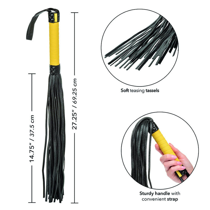 Schema cote du martinet flogger avec cotes 37,5 et 69,25 cm, details des lanieres souples et de la poignee jaune a dragonne pour les jeux de domination.