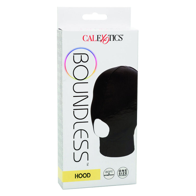 Emballage Boundless Hood de CalExotics, packaging blanc et noir montrant la cagoule de privation sensorielle, accessoire BDSM taille unique pour couple.