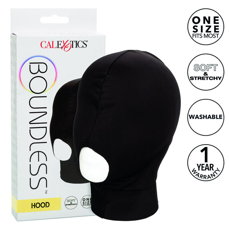 Boite CalExotics Boundless de la cagoule Hood, visuel produit du capot noir a ouverture bouche, accessoire BDSM taille unique souple et lavable.