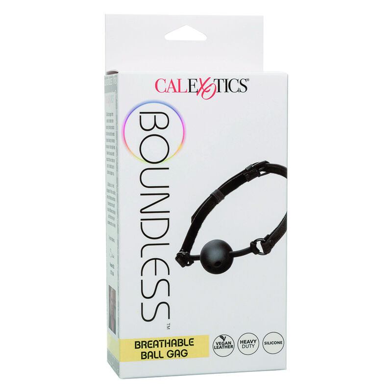 Boite CalExotics Boundless Breathable Ball Gag, packaging blanc presentant le baillon boule respirant en silicone, accessoire BDSM heavy duty reglable.