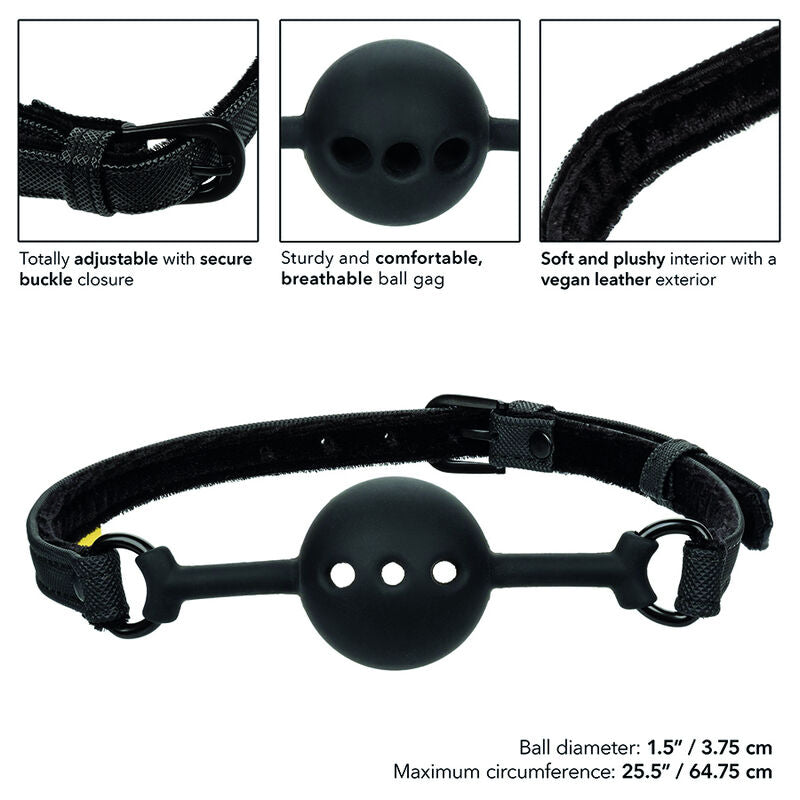 Baillon boule Boundless avec cotes 3,75 cm et encarts detaillant boucle, boule respirante et cuir vegan, accessoire BDSM reglable et confortable pour couple.