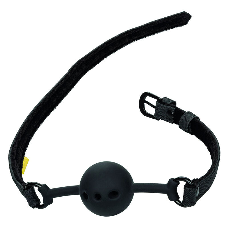 Baillon boule Boundless sangle deployee montrant la boucle reglable et la boule silicone noire ajouree, accessoire BDSM de soumission pour debutants.