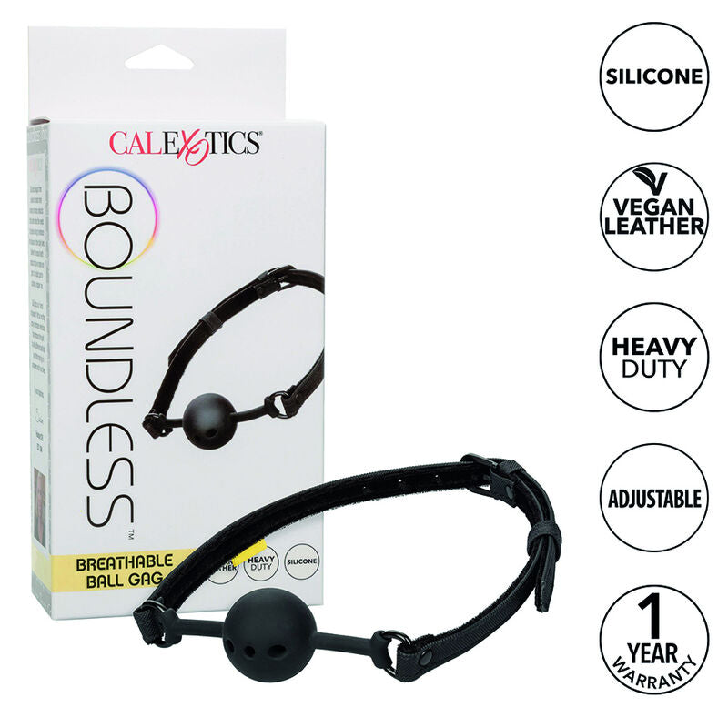 Boite CalExotics Boundless du baillon boule respirant, packaging blanc avec mentions silicone et vegan leather, accessoire BDSM heavy duty et reglable.