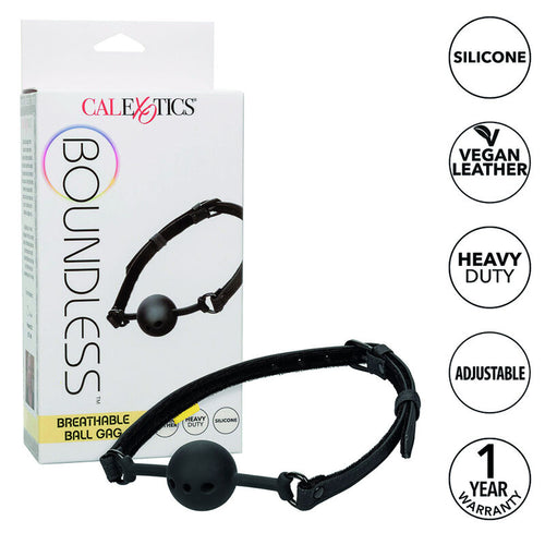 Boite CalExotics Boundless du baillon boule respirant, packaging blanc avec mentions silicone et vegan leather, accessoire BDSM heavy duty et reglable.