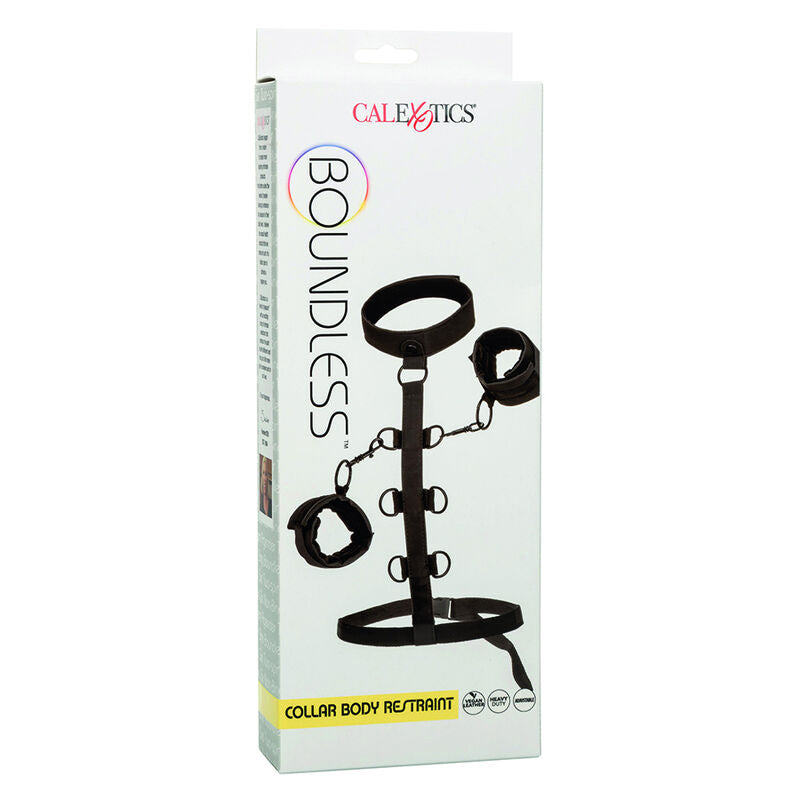 Emballage CalExotics Boundless Collar Body Restraint vu de cote, packaging du harnais collier a menottes amovibles, accessoire BDSM vegan reglable.