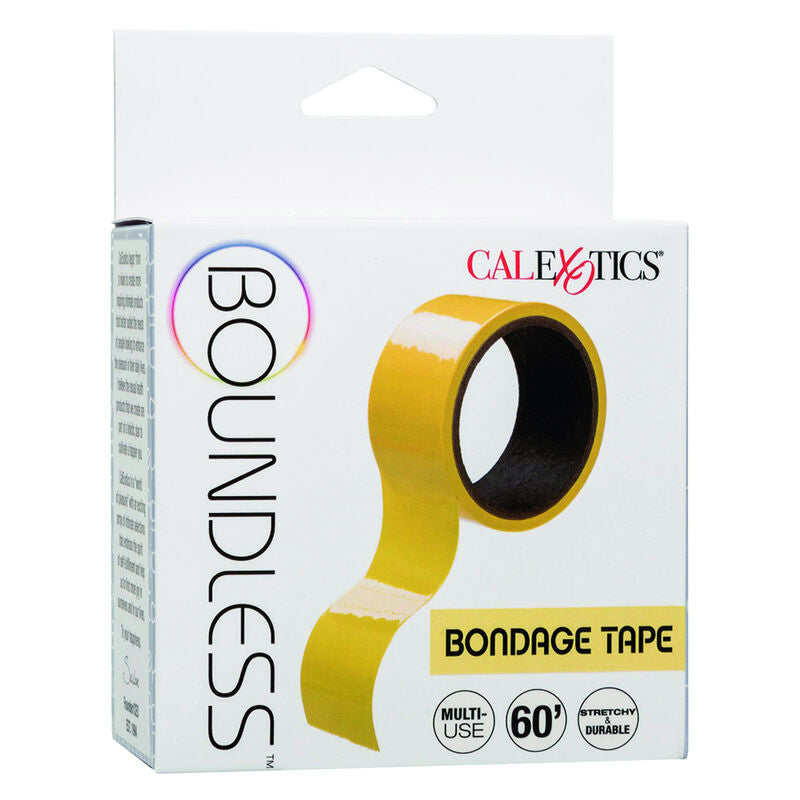 Boite CalExotics Boundless Bondage Tape jaune, packaging multi-usage 60 pieds reutilisable, ruban vinyle adhesif sur lui-meme pour jeux de contrainte.