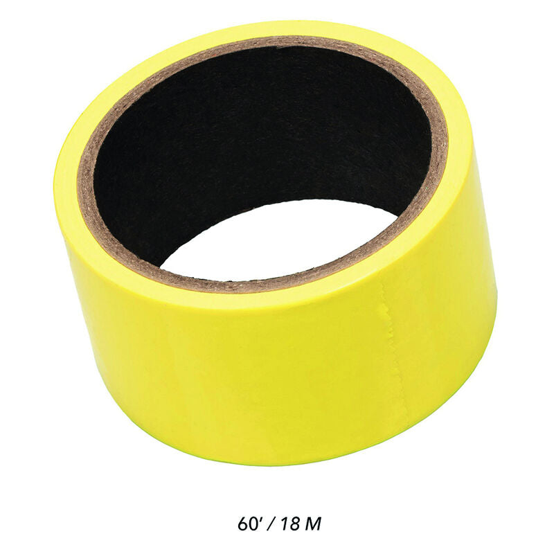 Rouleau de ruban de bondage Boundless jaune, 18 m, vinyle auto-adhesif sans residu sur la peau, accessoire BDSM reutilisable pour attacher poignets et chevilles.