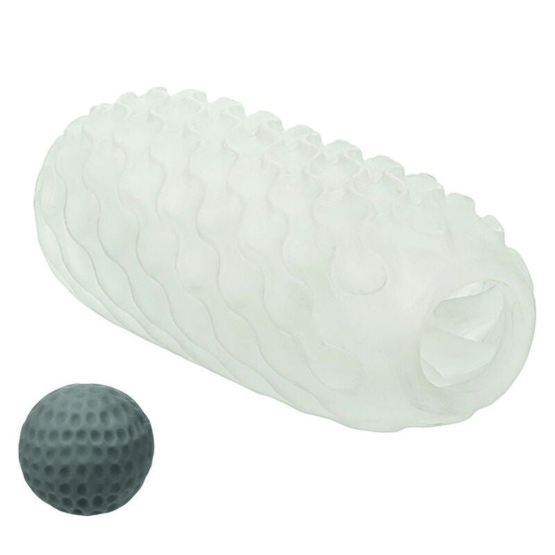 Masturbateur Boundless CalExotics translucide texture de vaguelettes pose pres de sa balle de tension grise amovible, stroker reversible souple a double sensation manuelle