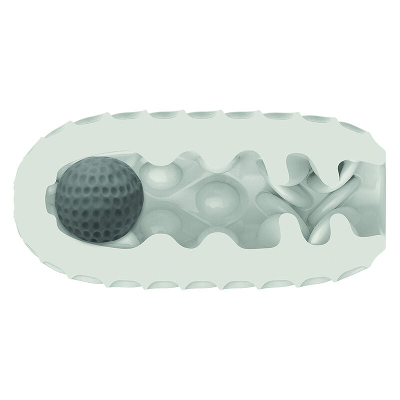 Vue en coupe du masturbateur Boundless CalExotics montrant la texture interne ondulee et la balle de tension grise logee dans le canal, stroker reversible a double sensation