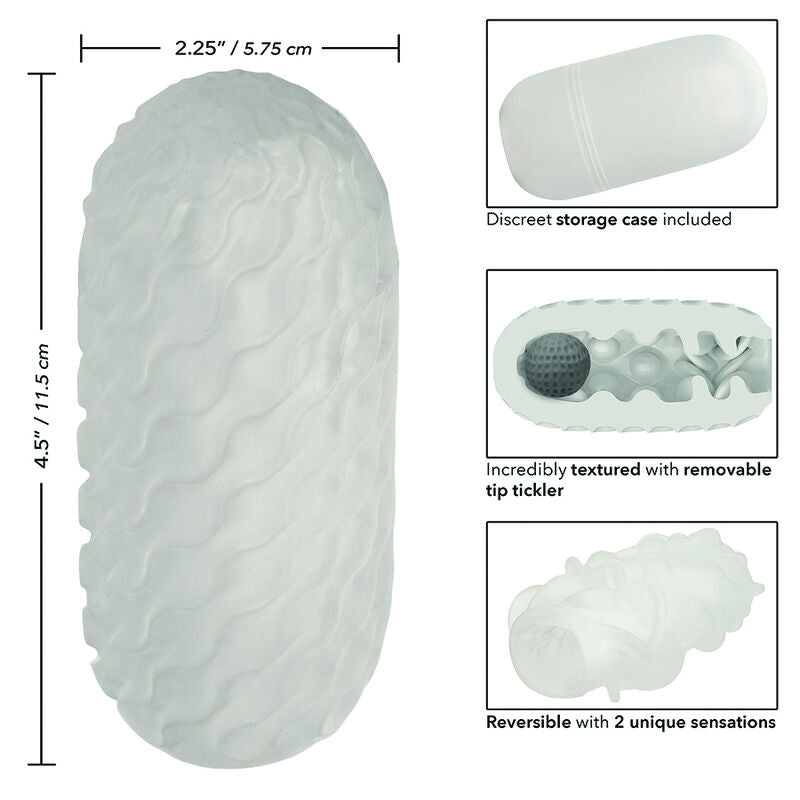 Schema technique du masturbateur Boundless CalExotics avec dimensions 5,75 sur 11,5 cm, etui de rangement, texture interne et balle tickler amovible, stroker reversible double sensation