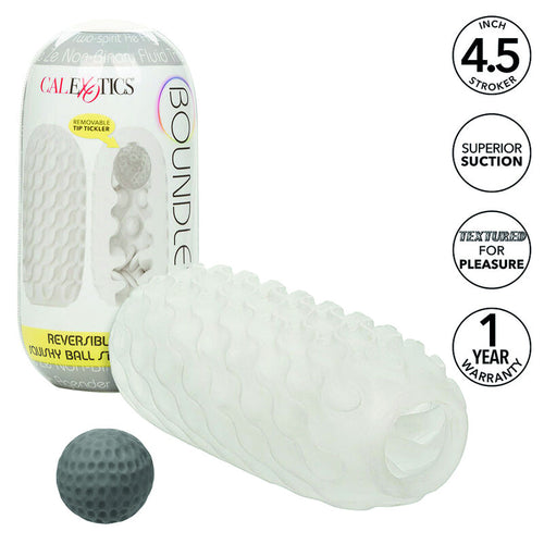 Masturbateur Boundless reversible sur carte CalExotics avec sa balle de tension amovible, stroker translucide texture offrant succion superieure et plaisir, garantie un an