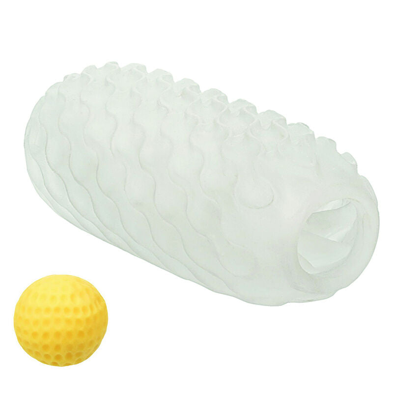 Masturbateur Boundless CalExotics translucide texture de vaguelettes pose pres de sa balle de tension jaune amovible, stroker reversible souple a double sensation pour stimulation