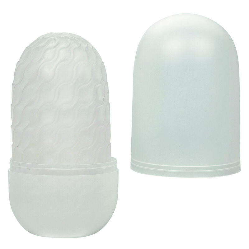 Masturbateur Boundless CalExotics translucide texture pose pres de son etui de rangement ferme, stroker reversible souple discret a double sensation rangee dans son boitier compact