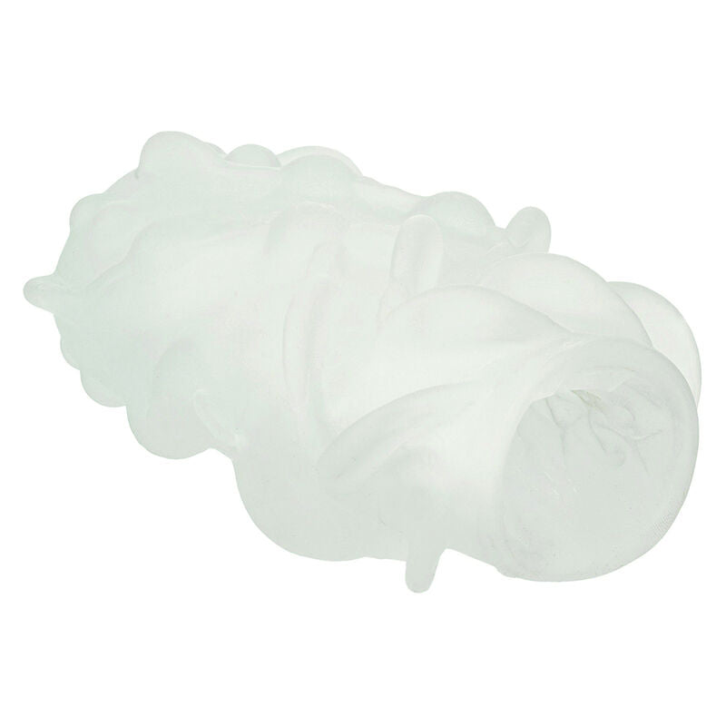 Masturbateur Boundless translucide CalExotics montrant son ouverture interne richement texturee, stroker reversible souple discret offrant une double sensation de stimulation manuelle