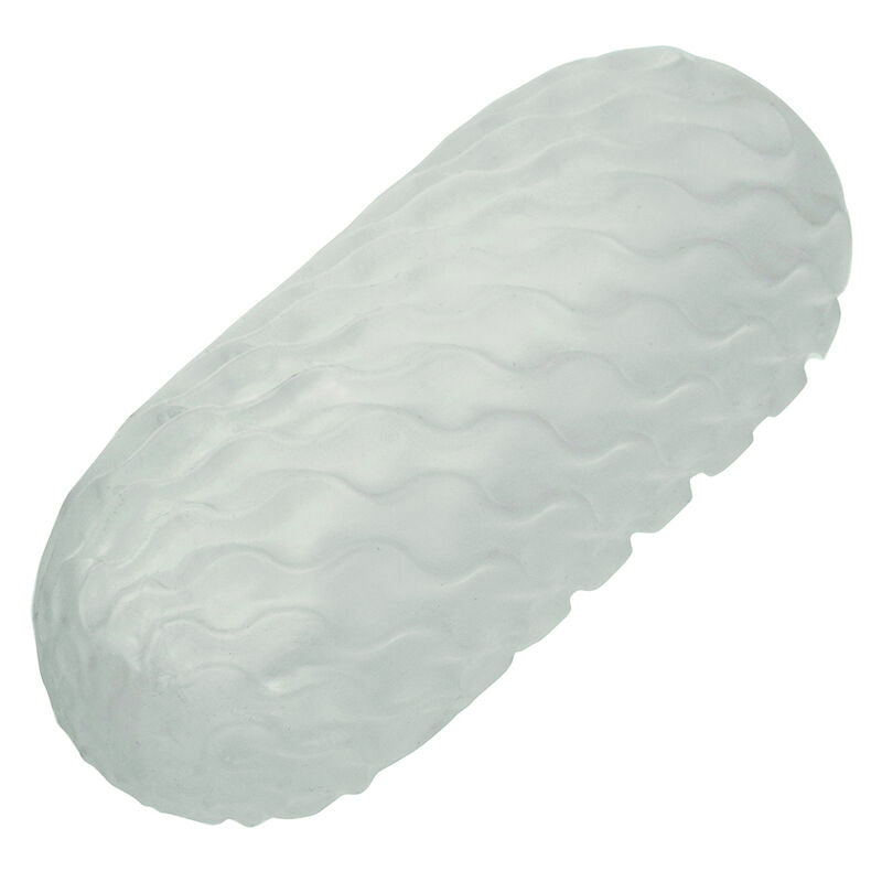 Masturbateur Boundless CalExotics translucide vue de cote, corps ovale a texture de vaguelettes regulieres, stroker reversible souple a double sensation pour stimulation manuelle