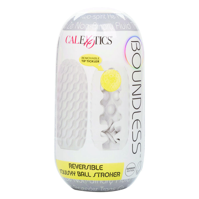 Masturbateur Boundless reversible ball stroker sur carte CalExotics, stroker translucide texture avec tip tickler amovible et balle de tension, materiau TPE souple body safe
