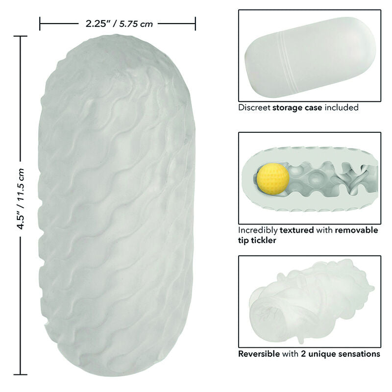 Schema technique du masturbateur Boundless CalExotics avec mesures 5,75 sur 11,5 cm, etui de rangement, texture interne avec tickler et double sensation reversible, stroker souple