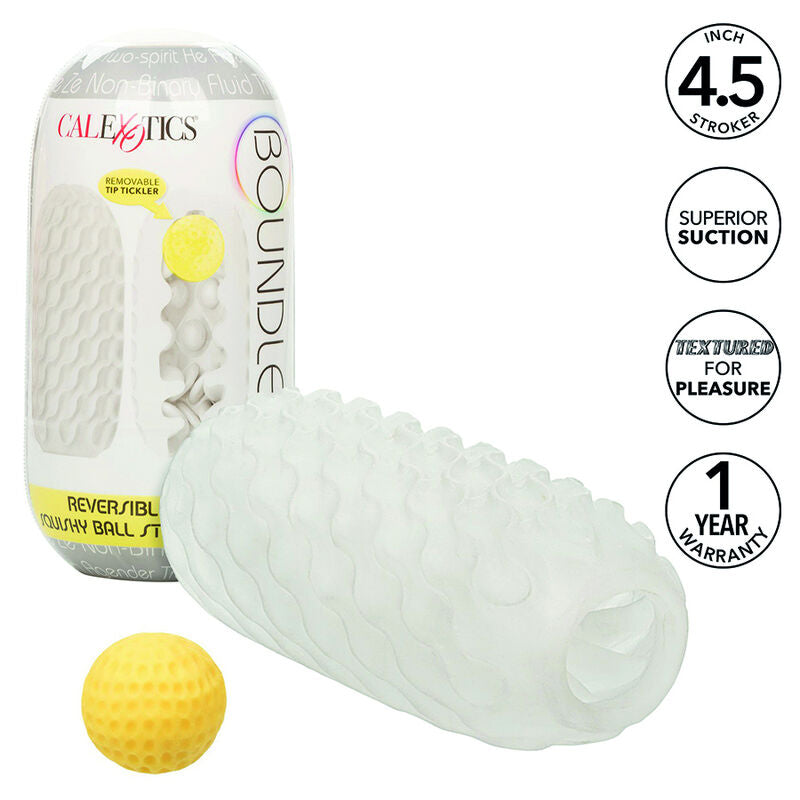 Masturbateur Boundless reversible sur carte CalExotics avec balle de tension jaune amovible, stroker translucide texture offrant succion superieure et plaisir, stroke de 4,5 pouces