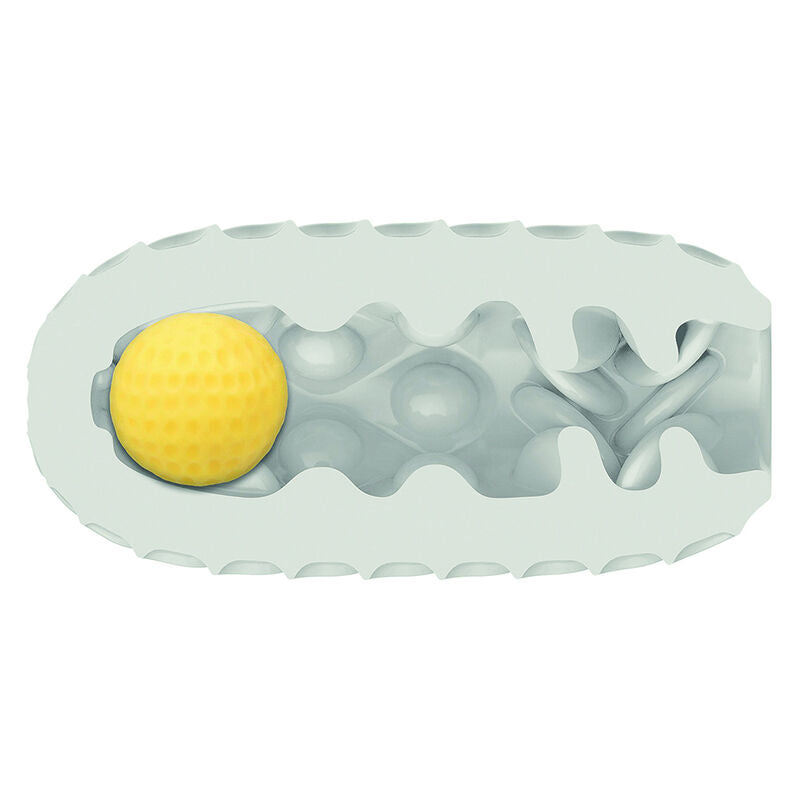 Vue en coupe du masturbateur Boundless CalExotics montrant la texture interne ondulee et la balle de tension jaune logee dans le canal, stroker reversible a double sensation manuelle