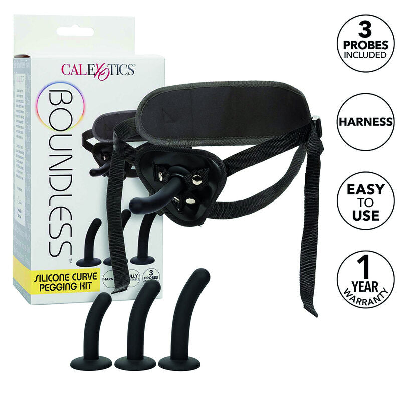 Emballage du Boundless Silicone Curve Pegging Kit CalExotics, avec pictogrammes 3 sondes et garantie 1 an