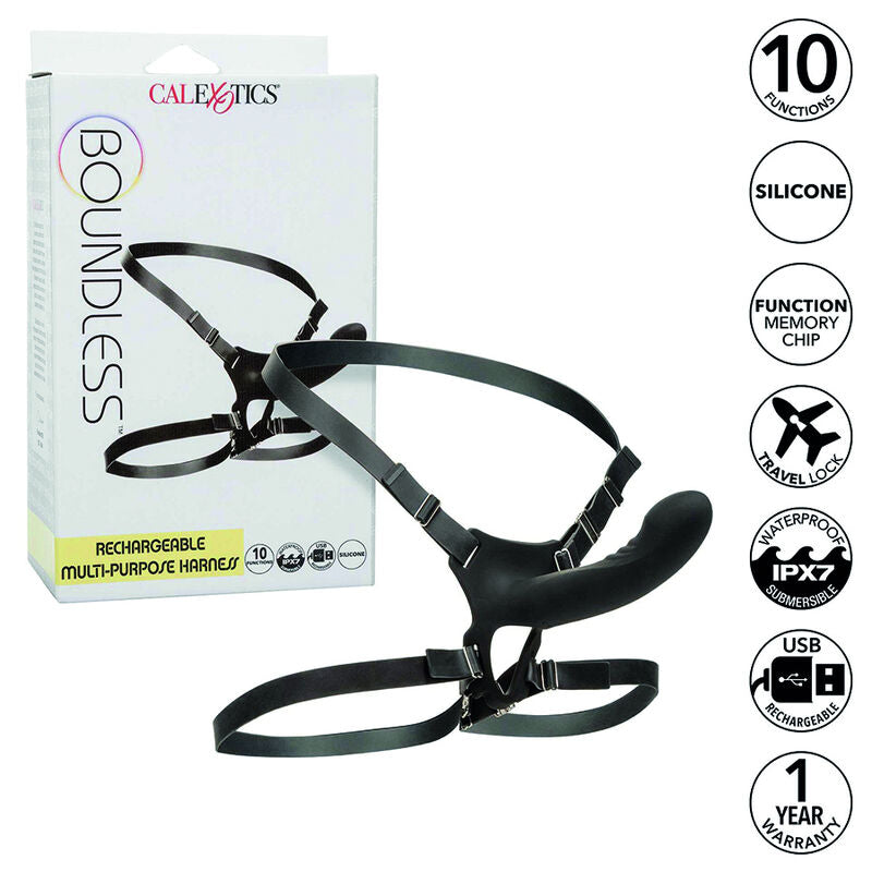 Emballage du Boundless harnais multi-usage rechargeable CalExotics, avec pictogrammes IPX7 et USB