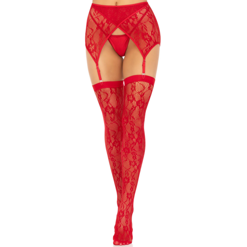 Bas dentelle florale rouges et porte-jarretelles portes de face, culotte rouge et hauts de cuisse motif floral ajoure, lingerie sensuelle Leg Avenue