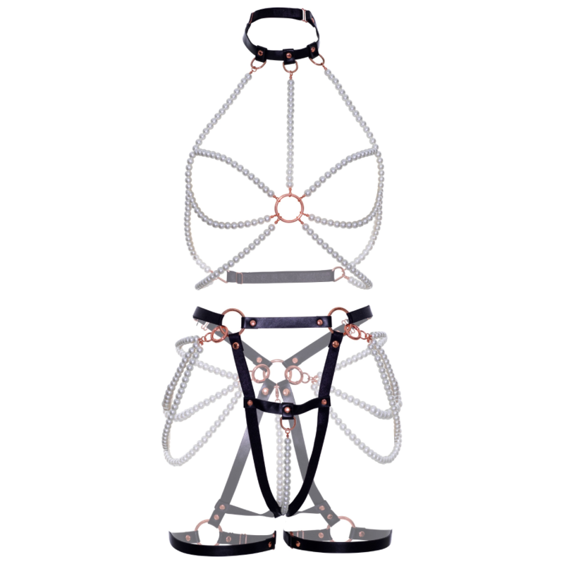 Harnais soutien-gorge et jarretière à perles présentés à plat, collier ras-du-cou, chaînes de perles et anneaux or rose, ensemble convertible Leg Avenue