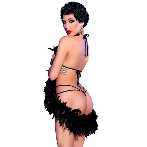 Body dentelle florale Chilirose vu de dos, lanieres entrecroisees sur le dos nu et boa de plumes noir, entrejambe ouvert pour soiree audacieuse.