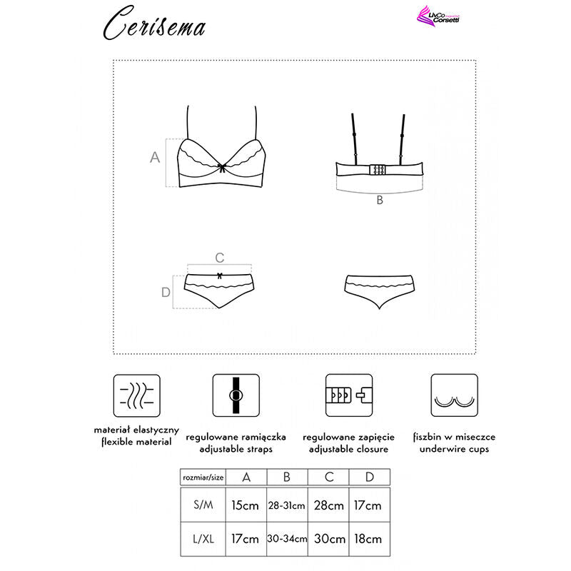 Schema technique de l ensemble Cerisema Livco Corsetti, soutien-gorge et culotte face et dos, pictogrammes matiere et tableau de mesures par taille.