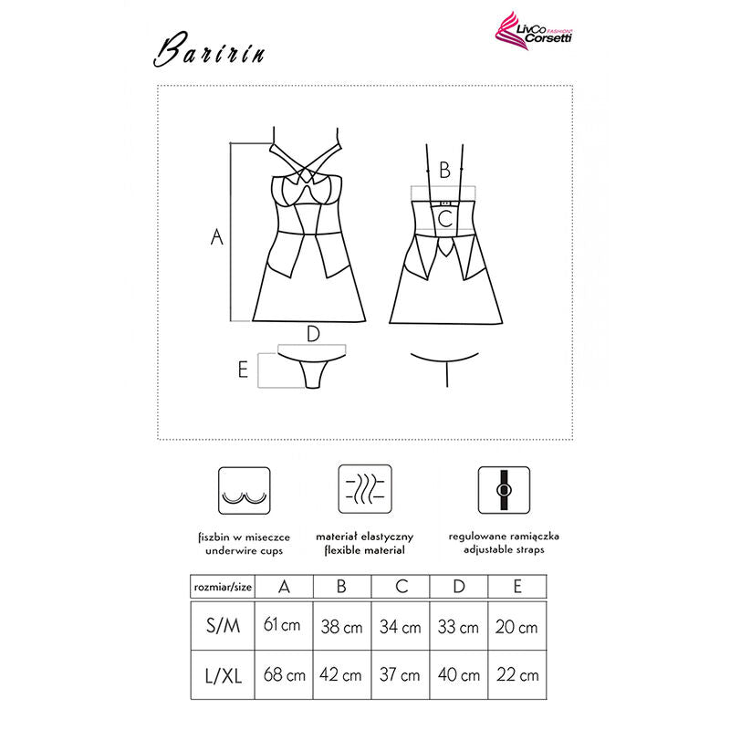 Schema technique de l'ensemble chemise et string Baririn, vues face et dos, pictogrammes matiere et bretelles reglables, tableau de tailles S/M et L/XL.