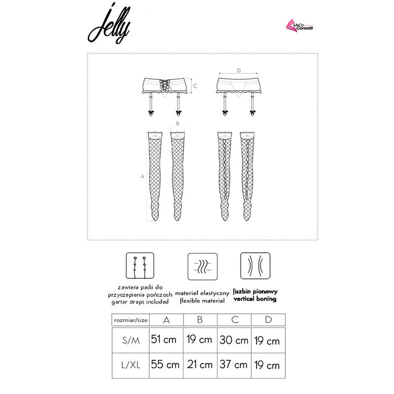 Schema technique du porte-jarretelles Jelly et de ses bas, vues avec jarretelles et couture verticale, pictogrammes matiere et tableau de tailles S/M et L/XL.