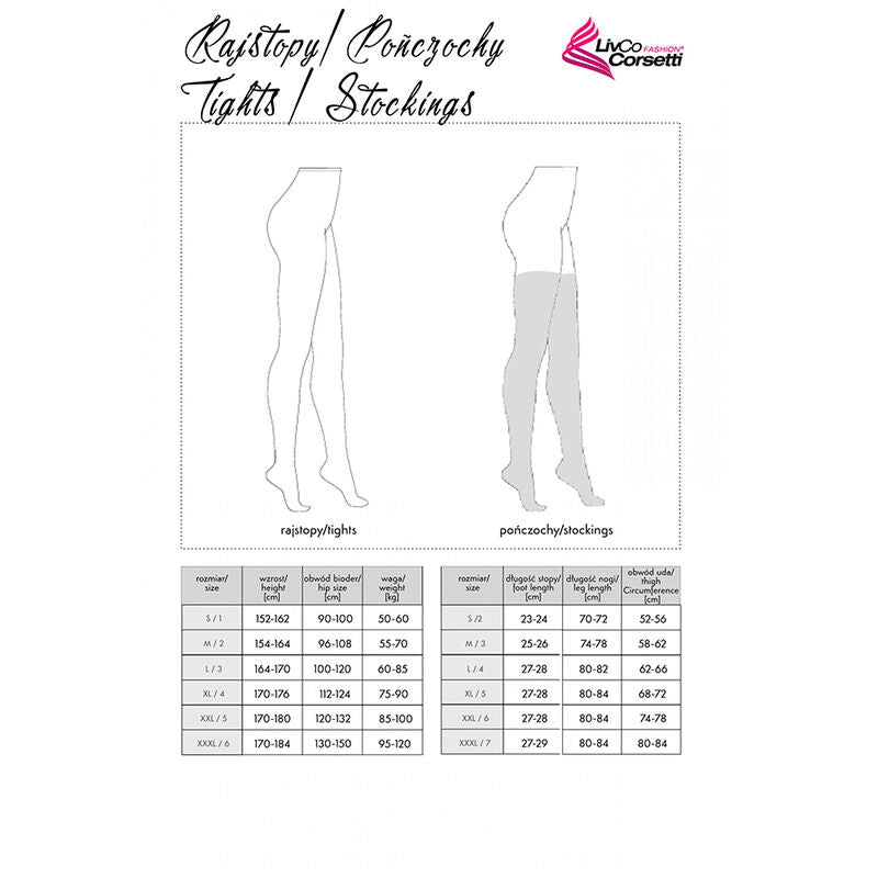 Schema technique des bas et collants Livco Corsetti, illustrations tights et stockings avec tableau de mensurations par taille, sur fond blanc.