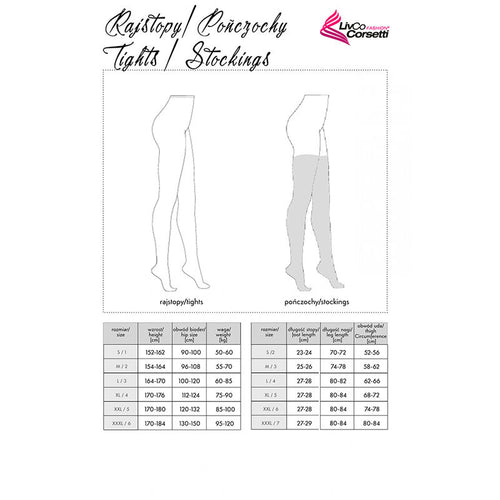 Schema technique des bas et collants Livco Corsetti, illustrations tights et stockings avec tableau de mensurations par taille, sur fond blanc.