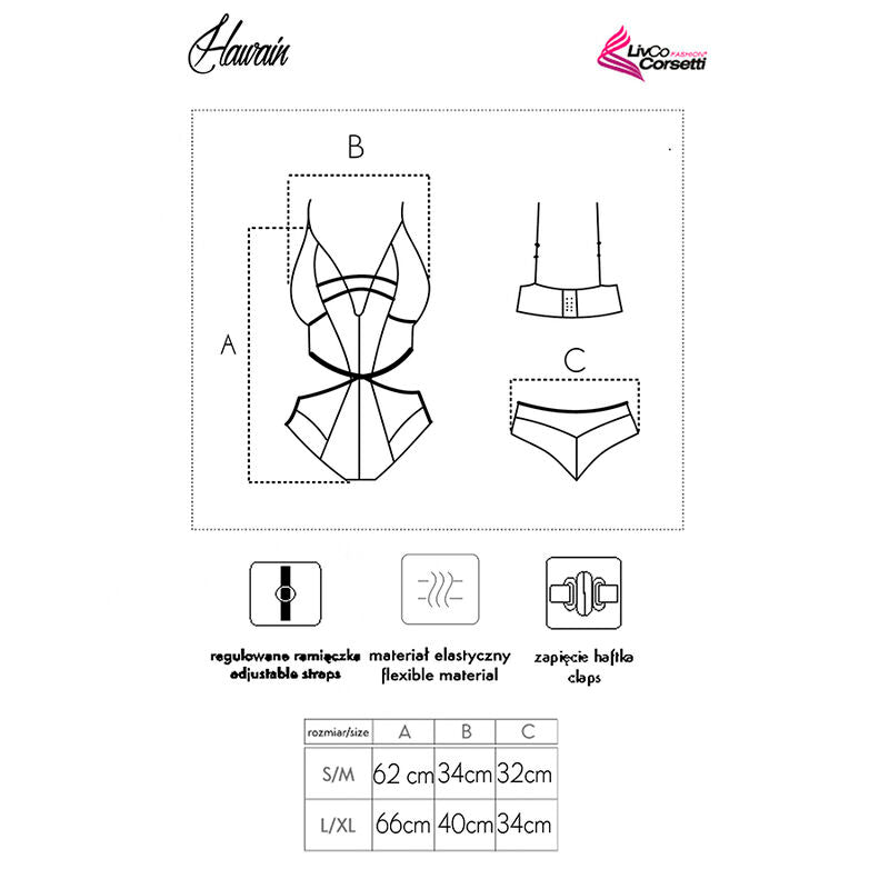 Schema technique du body Hawain, vues face et dos avec soutien-gorge et culotte, pictogrammes matiere et fermeture, tableau de tailles S/M et L/XL detaille.
