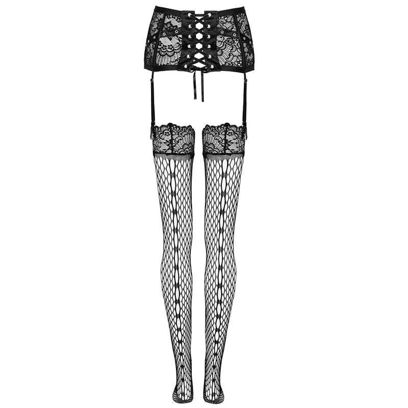 Porte-jarretelles dentelle noir Jelly vu a plat de dos, lacage corset central et jarretelles vers les bas resille a couture verticale, fond blanc Livco Corsetti.