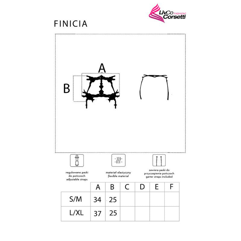 Planche technique Finicia Livco Corsetti : croquis cote du porte-jarretelles en dentelle accompagne du tableau des tailles S/M et L/XL.