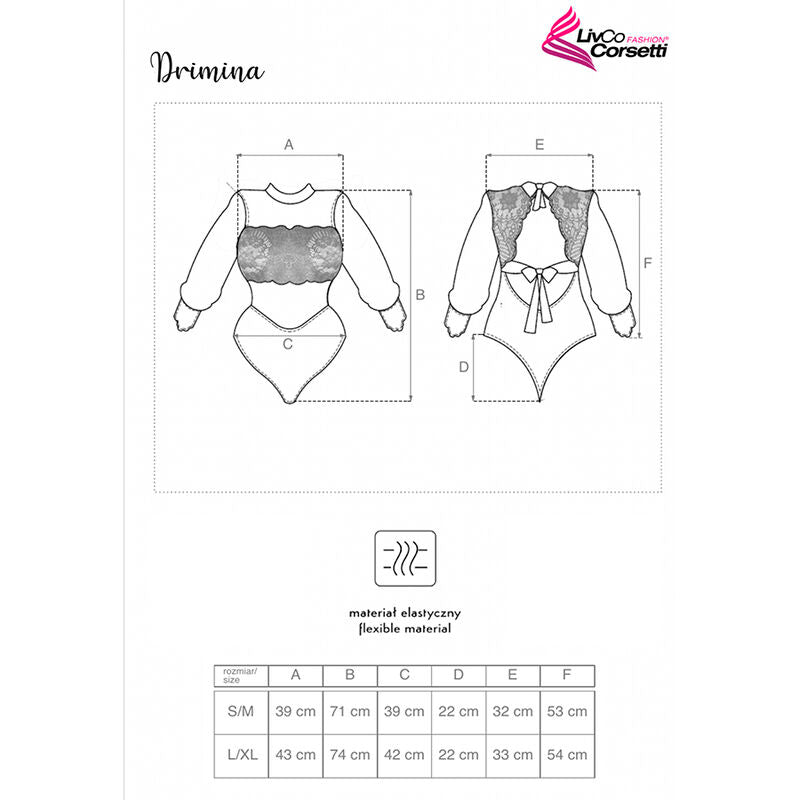 Planche technique Drimina Livco Corsetti : croquis cotes du body manches longues face et dos accompagnes du tableau des tailles.