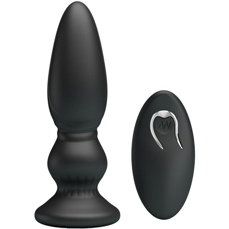Plug anal vibrant Mr Play en silicone noir a pointe conique, anneaux etages et base ventouse, presente avec sa telecommande ronde pour stimuler la prostate a distance.