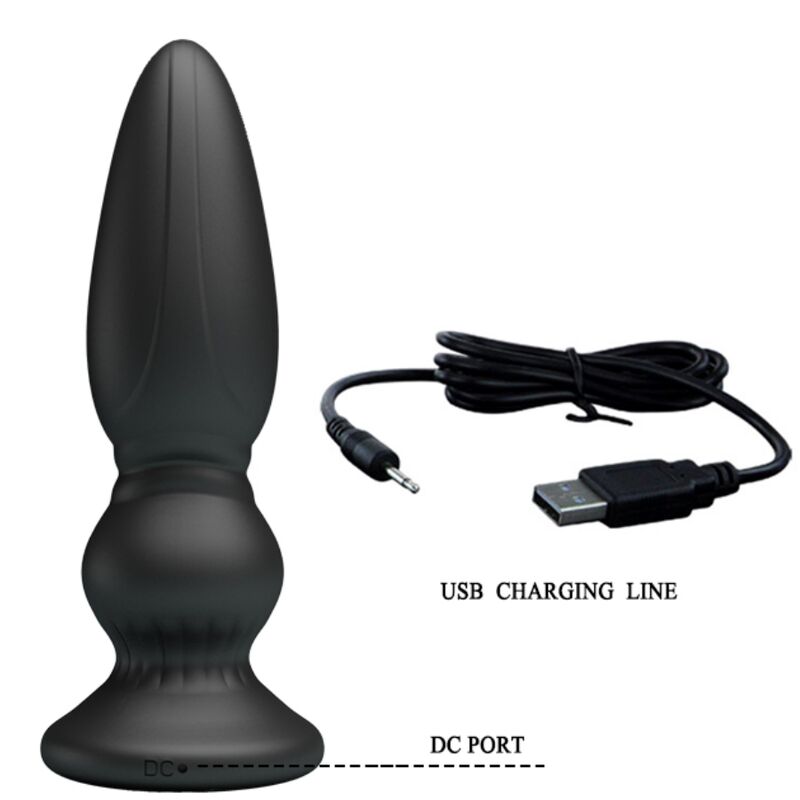 Plug anal Mr Play en silicone noir a pointe conique et anneaux etages avec cable de charge USB et port DC legende, base ventouse et vibration rechargeable pour la prostate.