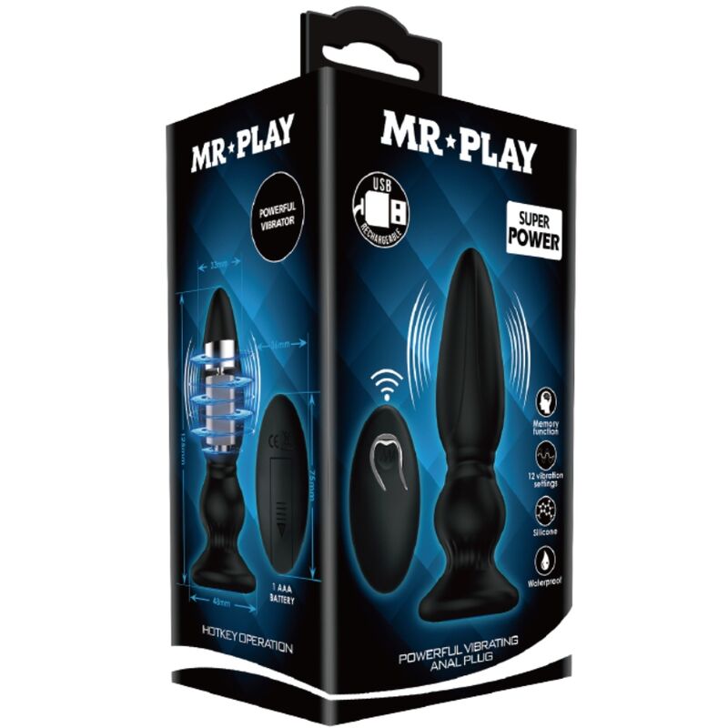 Boite Mr Play Super Power du plug anal vibrant, packaging noir et bleu illustrant le plug conique a anneaux, la telecommande et les pictogrammes powerful vibrating anal plug.
