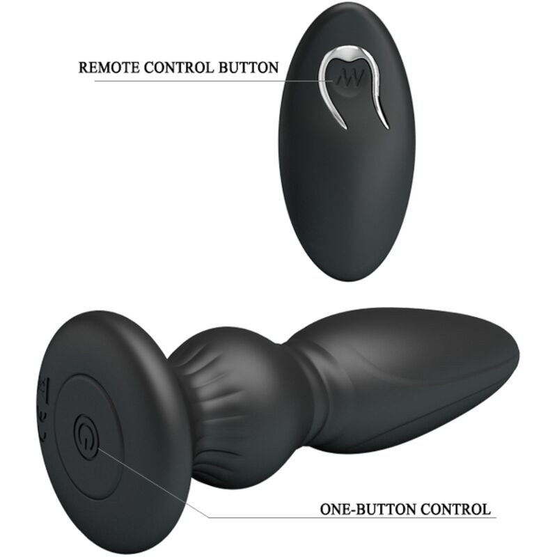 Plug anal Mr Play en silicone noir a corps conique nervure vu de dos sur sa ventouse pres de la telecommande, controle un bouton legende, vibration ciblant la prostate.