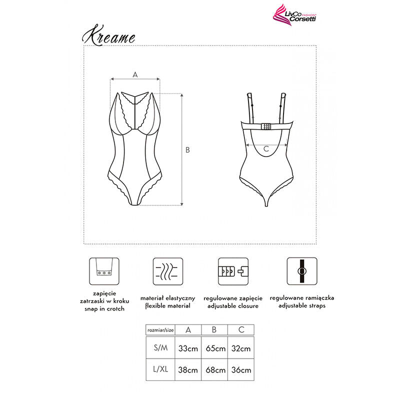 Fiche technique Kreame au trait, vues avant et arriere du body avec pictogrammes pression entrejambe, matiere extensible et tableau de tailles detaille.