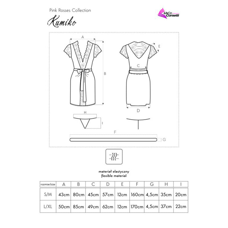 Fiche technique Kumiko Pink Roses au trait, vues avant et arriere du peignoir avec ceinture, pictogramme matiere extensible et tableau de tailles complet.