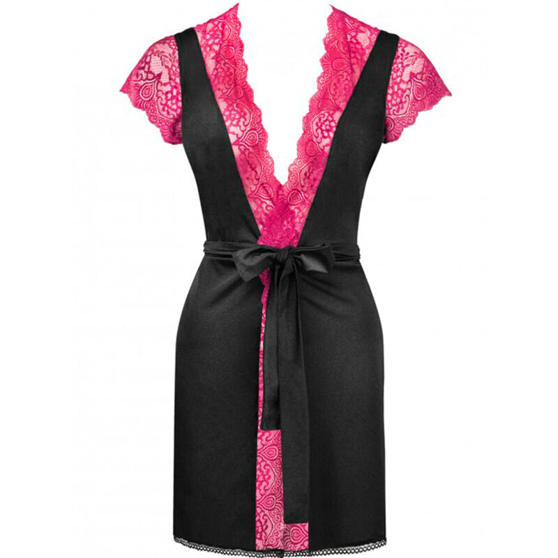 Robe de chambre Kumiko noire a col dentelle rose vif vue de dos a plat, ceinture satin nouee et empiecement dentelle contraste au bas du dos.