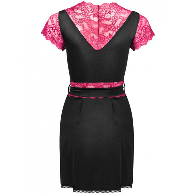 Robe de chambre Kumiko presentee a plat de dos, col dentelle rose vif, ceinture satin nouee et liseres roses, finition dentelle en bordure inferieure.