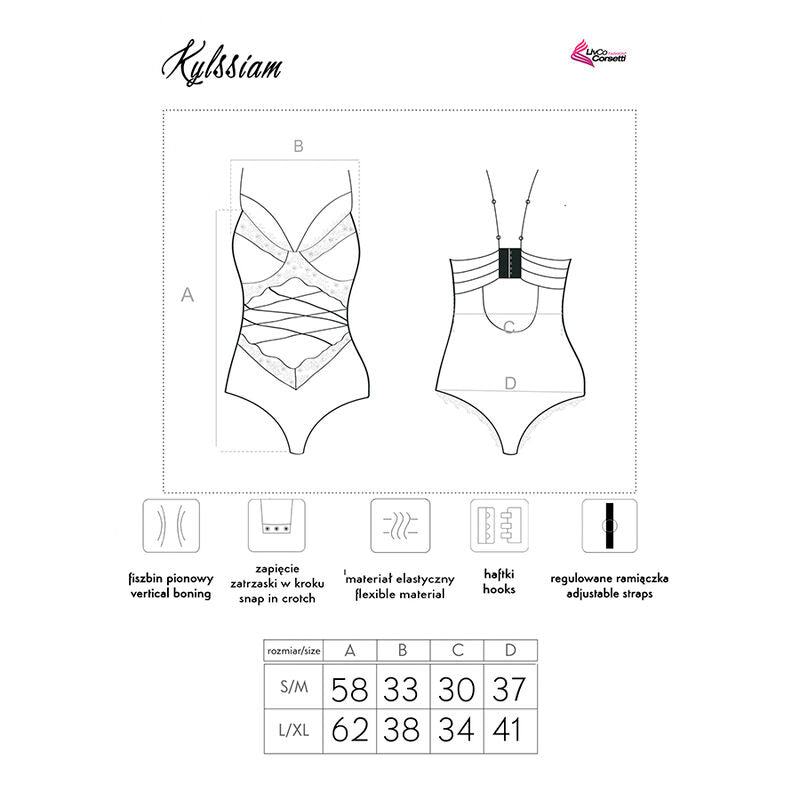 Schema technique du body Kylssiam Livco Corsetti vues face et dos, lacage decoratif au ventre, pictogrammes matiere et tableau de tailles S/M L/XL.
