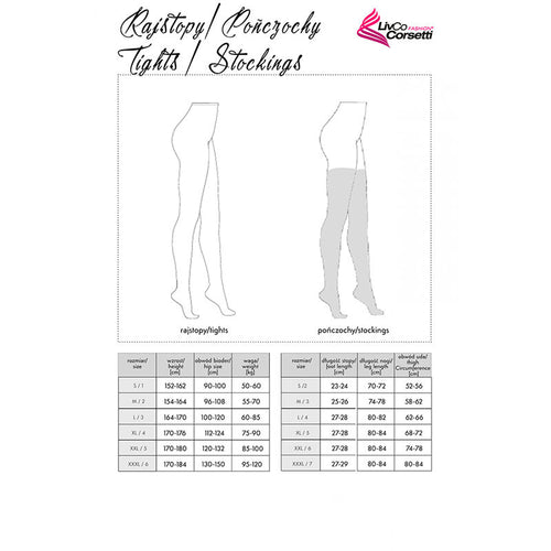Schema technique des bas et collants Livco Corsetti, illustrations tights et stockings avec tableau de mensurations detaillees par taille, fond blanc.