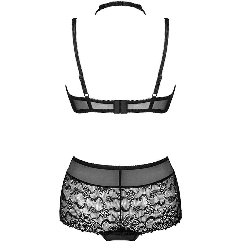 Vue produit de dos de l ensemble Linera : soutien-gorge harnais a bretelles et culotte en dentelle noire poses a plat, sans modele, signe Livco Corsetti.