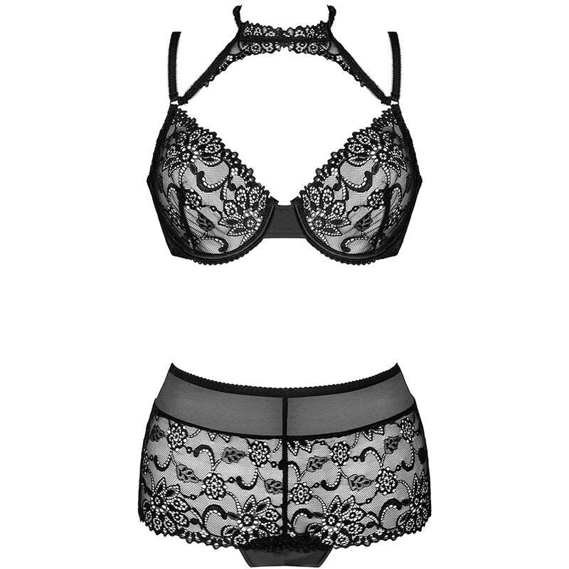Soutien-gorge Linera et culotte en dentelle noire florale poses a plat sur fond blanc, vue produit detaillee des bonnets et de la maille ajouree Livco Corsetti.